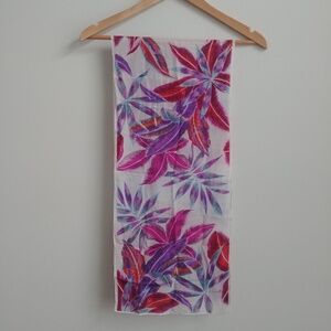 Echo silk scarf white with tropical floral print in pink purple red and blue
